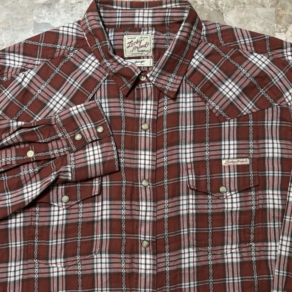Lucky Brand Pearl Snap Shirt Mens Large Red Plaid Aztec Western Yoke Rodeo